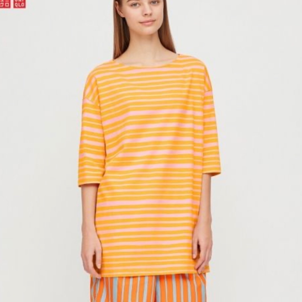 Marimekko Uimari and Uniqlo collab orange and pink striped  ¾ sleeve tunic NWT